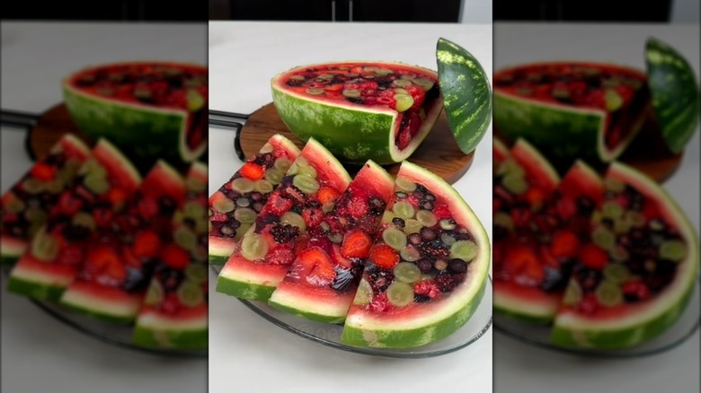 Jell-O-stuffed watermelon slices on plate