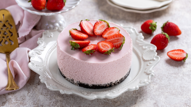No-bake strawberry cheesecake on white plate