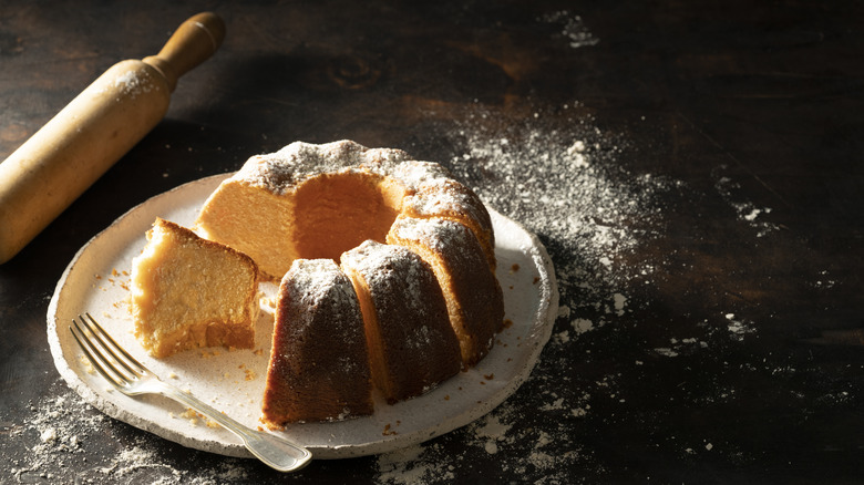 Moody image of pound cake with sugar topping