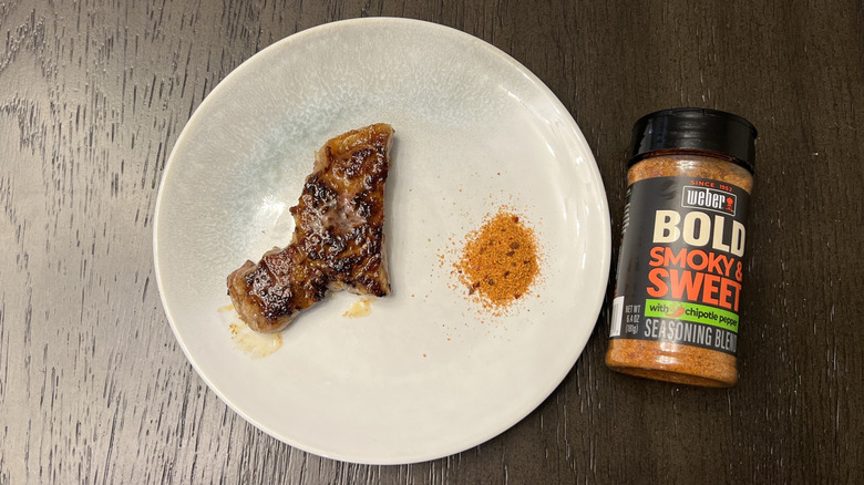 Weber Bold Smoky & Sweet seasoning on steak.