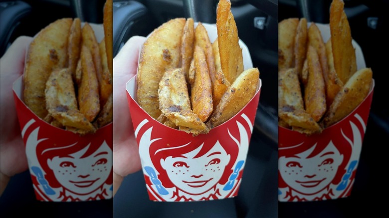 Hand holding order of Wendy's seasoned potatoes