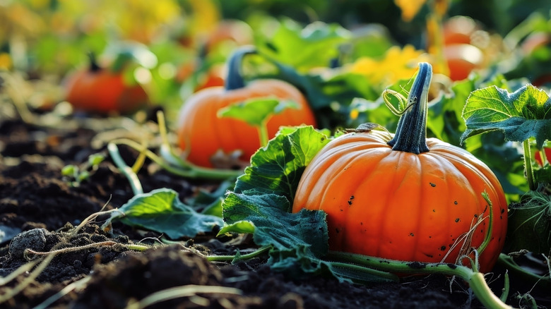 A close up showing pumpkins growing with the leaves and sprawling vines it needs