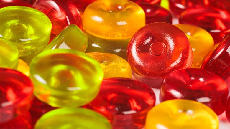 Selection of hard candy in red, green, and yellow