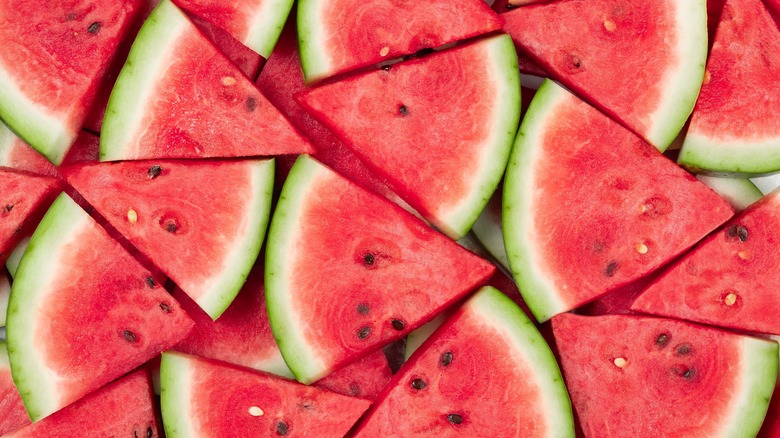 Overhead view of slices of fresh watermelon