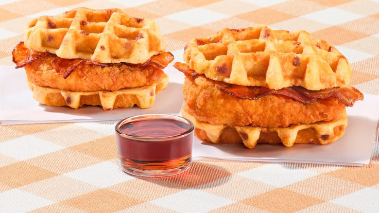 A product shot of two chicken and waffle sandwiches from Chick-fil-A
