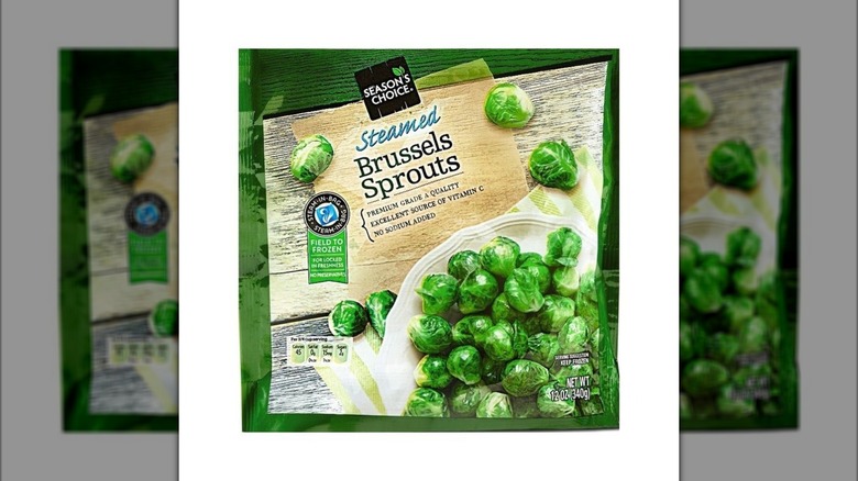 Green plastic bag of Season's Choice Frozen Brussels Sprouts