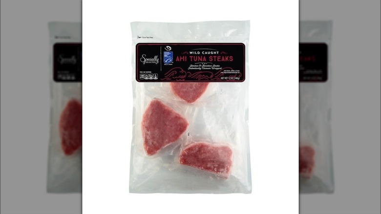 Three Specially Selected Ahi Tuna Steaks from Aldi in plastic package