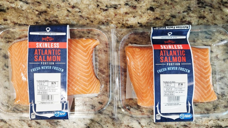 Atlantic salmon potions in trays