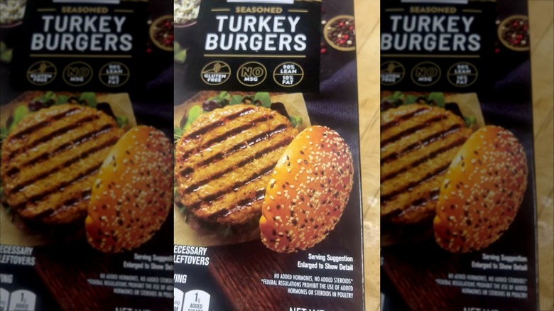 Close up of a package of Kirkwood turkey burgers