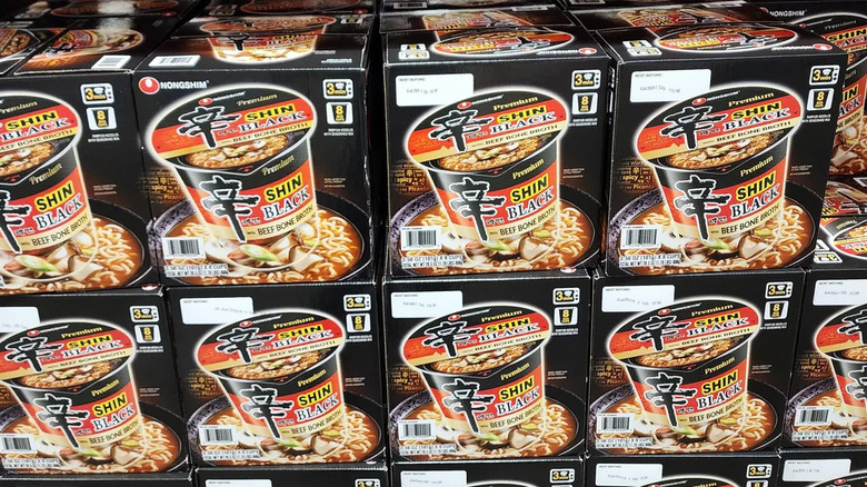 Boxes of Nongshim Shin Black ramen cups at Costco