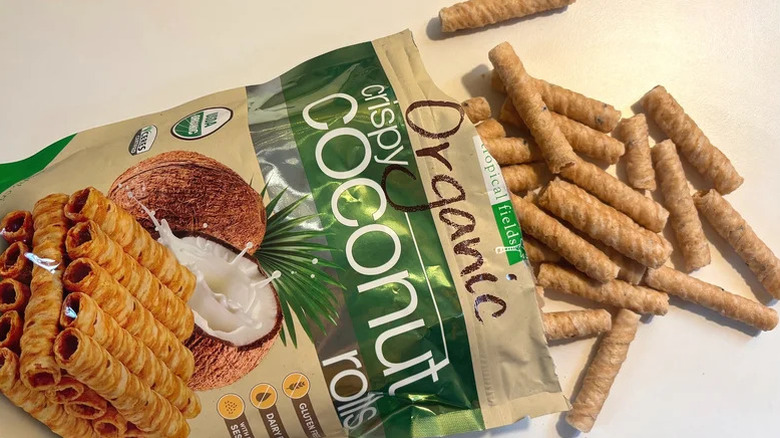 Open bag of Tropical Fields Organic Coconut Rolls on table