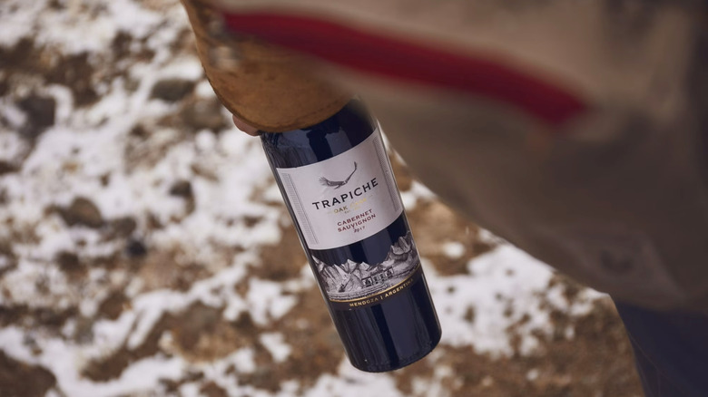 Bottle of Trapiche Oak Cask cabernet sauvignon in front of the winery backdrop.