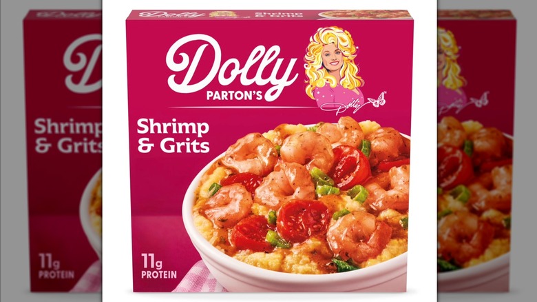 Package of Dolly Parton's Shrimp & Grits featuring juicy shrimp and tomatoes