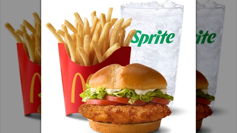 McCrispy sandwich with the classic fry and a soft drink on a white background