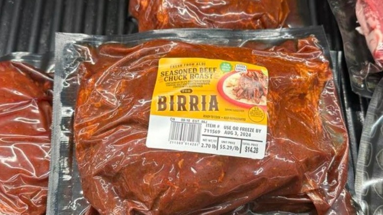Multiple packages of Aldi USDA Choice seasoned beef chuck roast for birria on the shelf