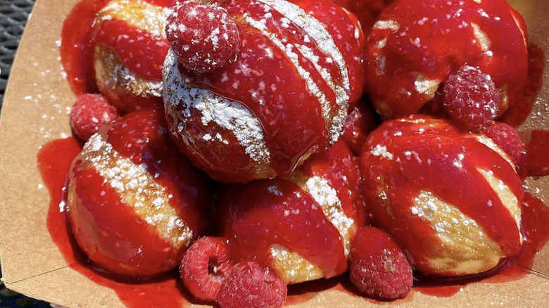 Raspberry pancake balls in brown box