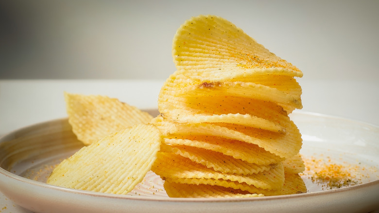 Close-up of plate of potato chips