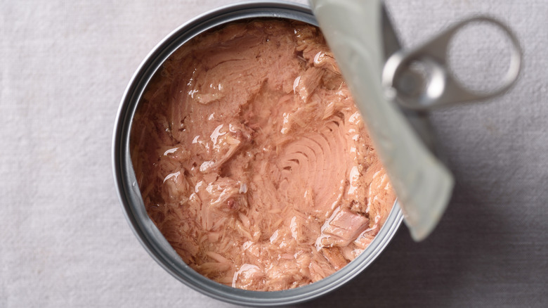 Top view of an open can of tuna on a gray counter