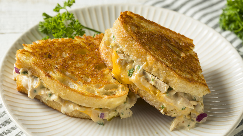 Crispy tuna melt sliced in half and served on a white plate with a green sprig in the back