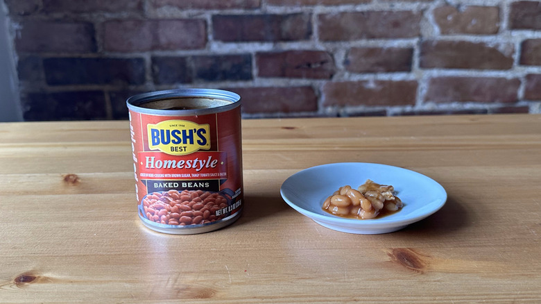 Bush's Homestyle baked beans on wooden table