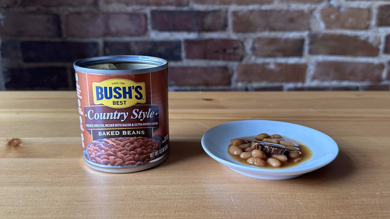 Bush's Country Style baked beans on wooden table
