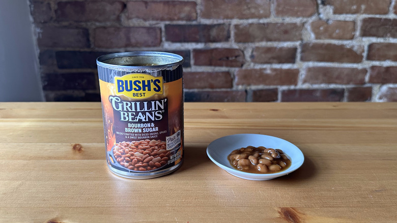 Bush's Bourbon and Brown Sugar Grillin' Beans on wooden table