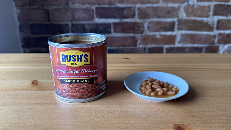 Bush's Brown Sugar Hickory baked beans on wooden table