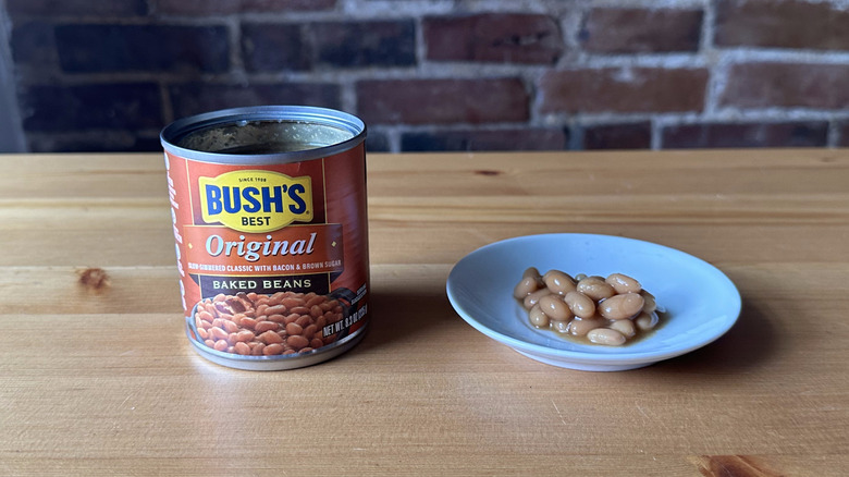 Bush's Original baked beans on wooden table