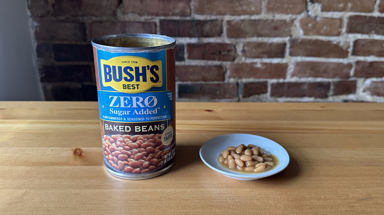 Bush's Zero Sugar Added beans on wooden table