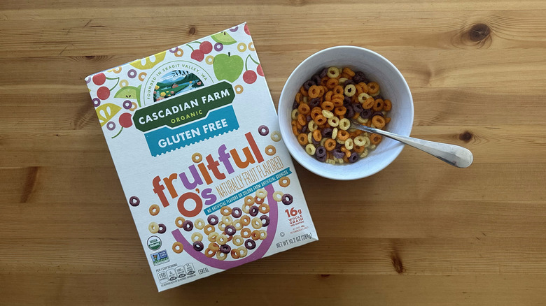 Gluten Free Fruitful O's Cereal in white bowl on table with a whole box next to it