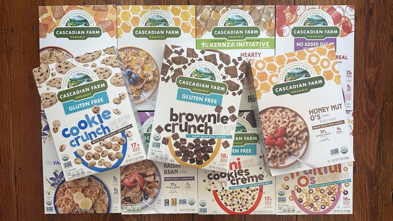 Cascadian Farm cereal boxes on wooden background
