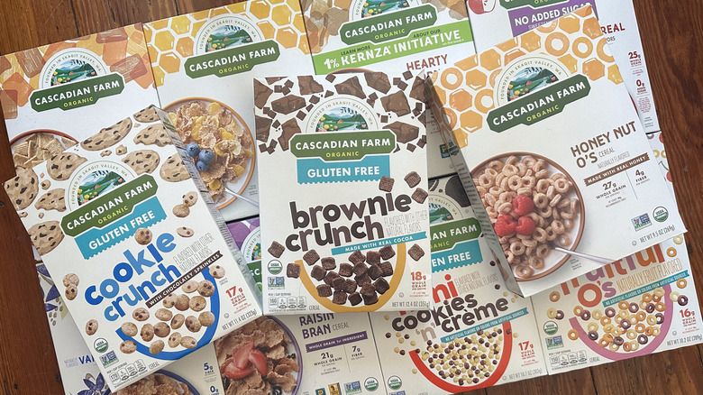 Cascadian Farm various cereal boxes on wooden background