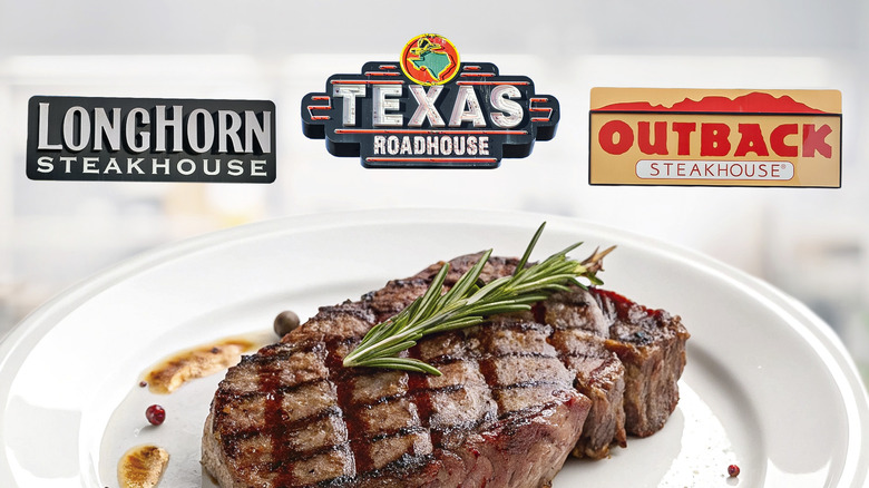 ribeye steak on a plate with restaurant signs overhead