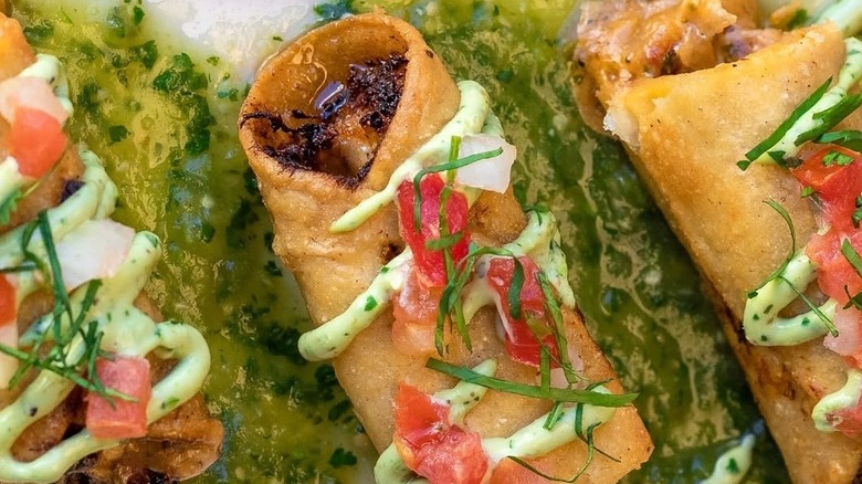Wrapped Chicken Taquitos with tomato toppings in a green sauce