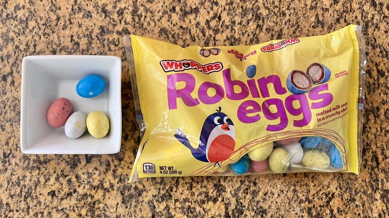 Whoppers Robin Eggs Malted Milk Balls in a dish