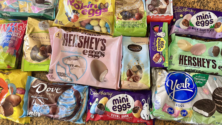 Different chocolate egg products on counter
