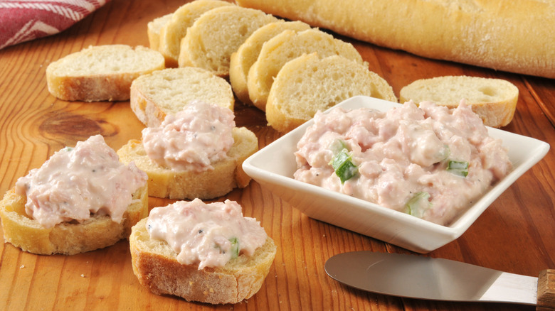 Deviled ham spread on crostini
