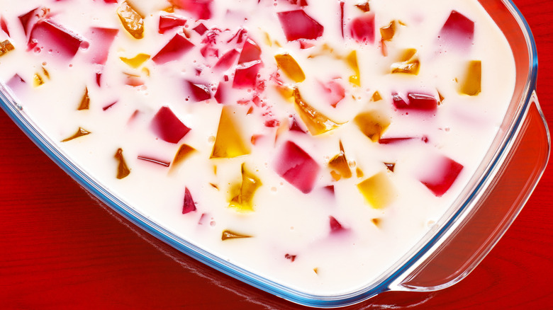 Colorful Jell-O salad in casserole dish