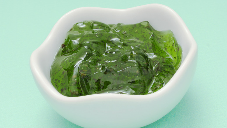Small bowl of mint jelly