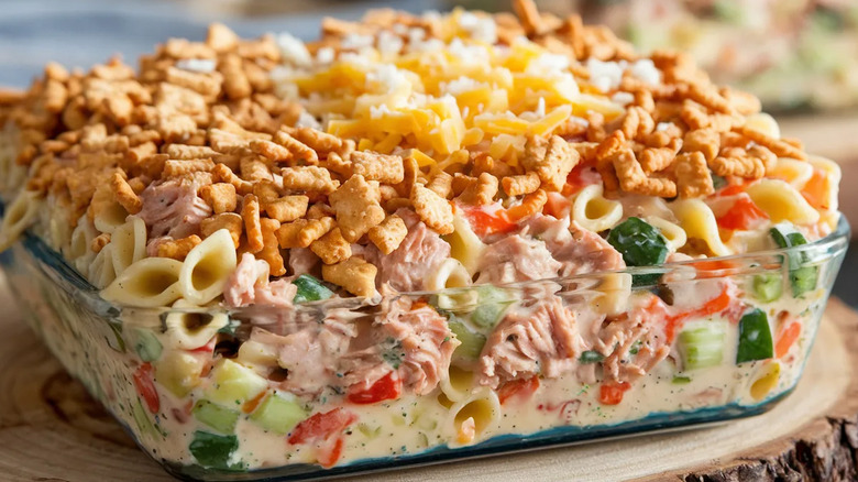 Tuna noodle casserole in glass dish
