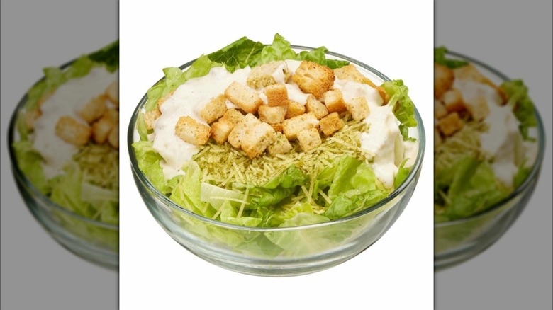 Organic Caesar Salad from Costco in glass bowl