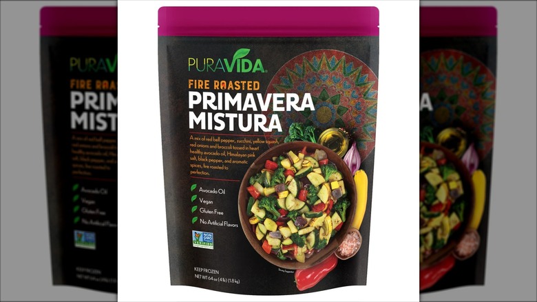 Black bag of PuraVida Fire Roasted Primavera Mistura frozen vegetables