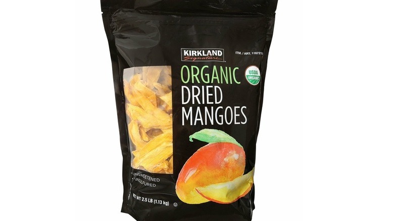 Bag of dried mangoes with clear window to see product inside