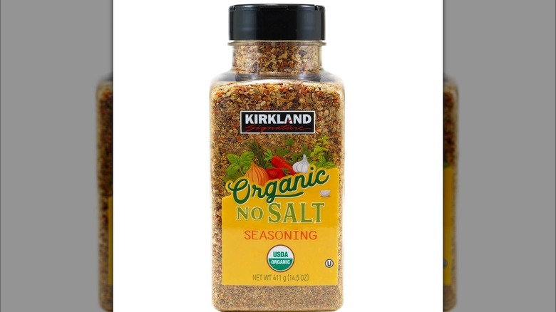 Container of no-salt seasoning with illustrations of vegetables on exterior