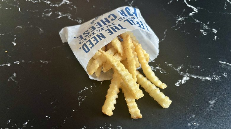 Packet of Culver's fries on countertop
