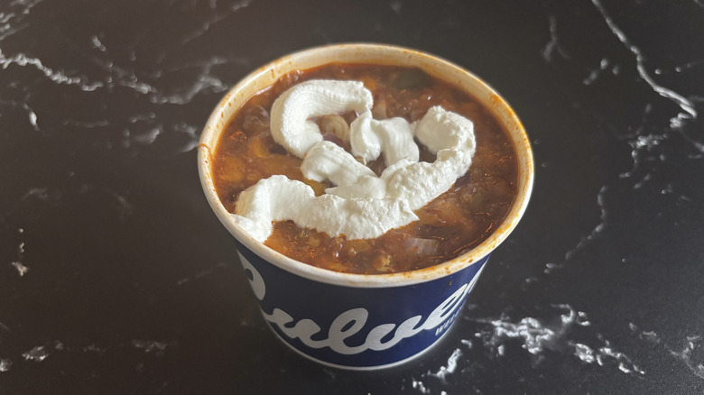 Bowl of Culver's chili with sour cream