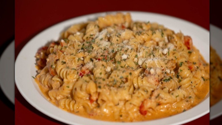 Crawfish Monica pasta in a white bowl - rotini noodles tossed in a rich cream sauce sprinkled with herbs and parmesan cheese