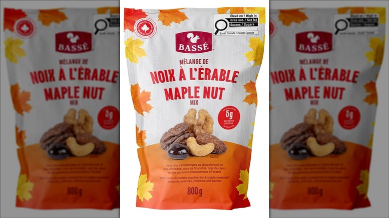 Package of Bassé maple nut mix with dark chocolate dried cranberries