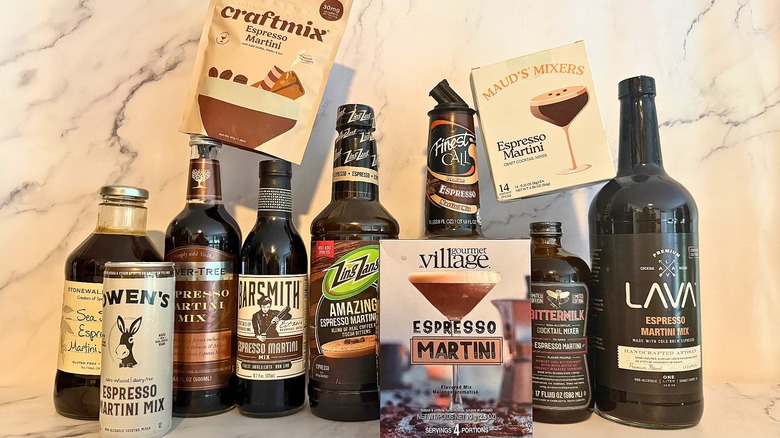 11 espresso martini mixes on marble background