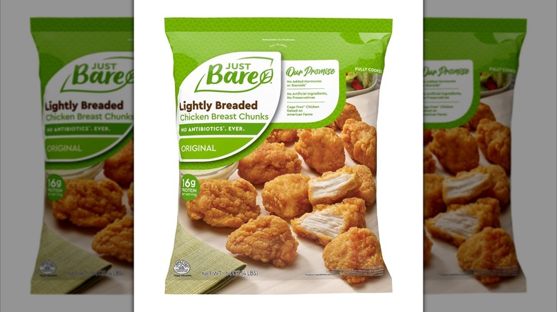 Green bag of Just Bare Lightly Breaded Chicken Breast Chunks